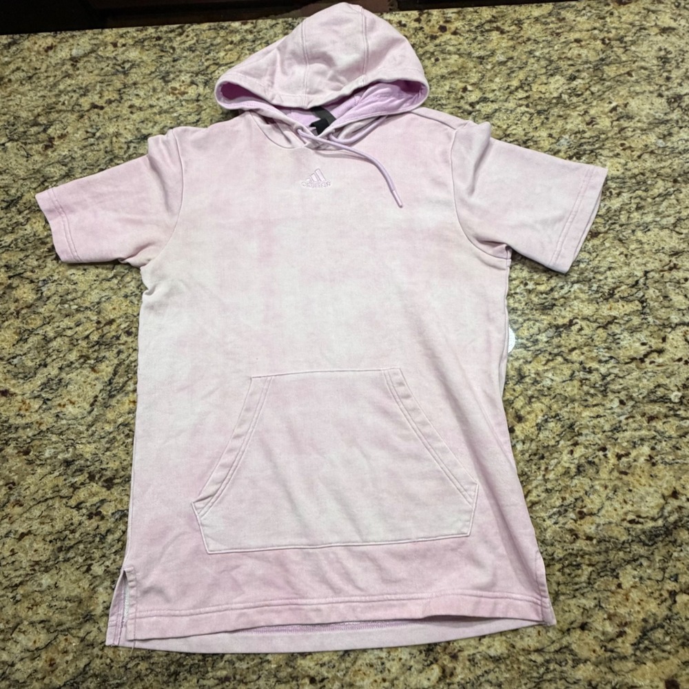 Adidas‎ Womens Small Pink Acid Wash Short Sleeve Hoodie Pullover Kangaroo Pocket